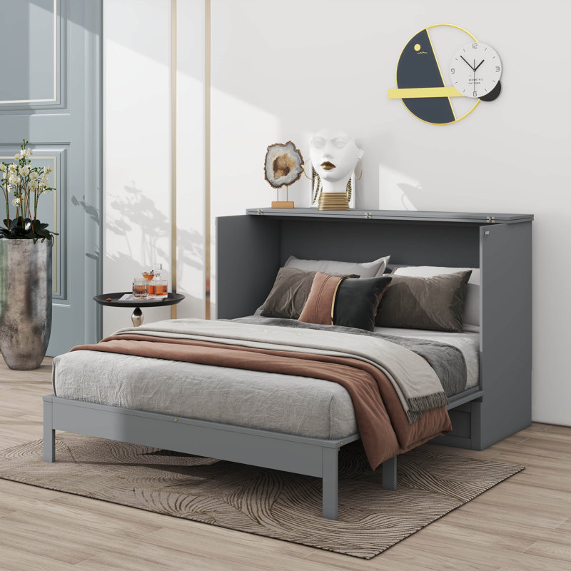 Lit escamotable peu encombrant avec tiroirs intégrés, gris, Double