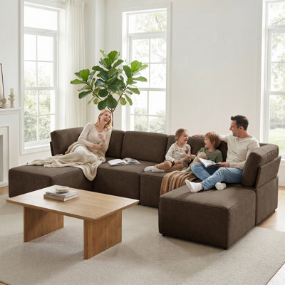 116" Linen U Shaped Sectional Sofa with 2 Ottomans, 6 Seater Modular Upholstered Sofa,Brown