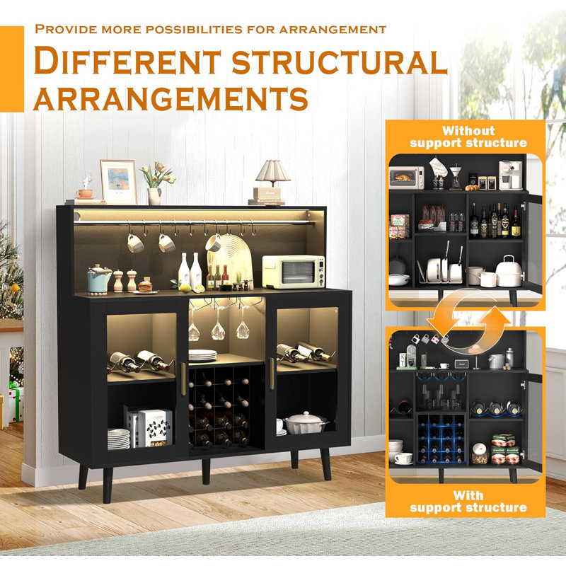 Wine Bar Cabinet With Led Light, Coffee Cabinet With Wine Rack And Glass Holder, Home Liquor Cabinet With Adjustable Shelf And Acrylic Door, Buffet Sideboard For Kitchen, Living Room