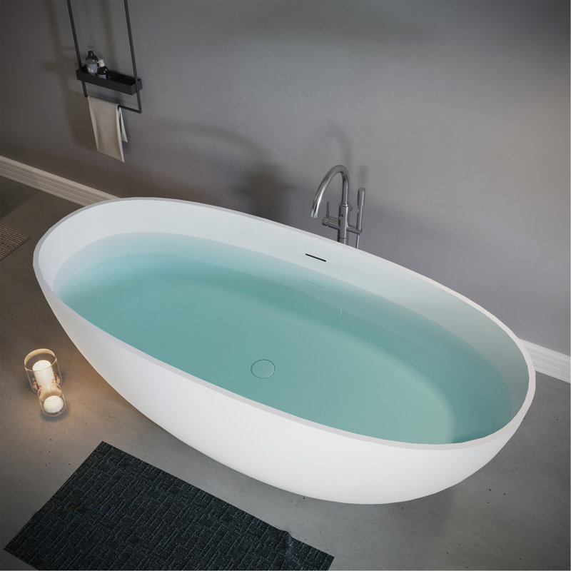 Baignoire autoportante en résine 65 po en pierre, baignoire de luxe à surface solide avec trop-plein encastré et bonde escamotable, baignoire autoportante élégante autoportante en blanc mat