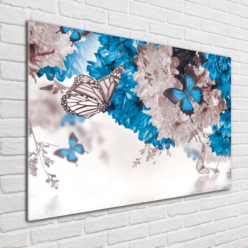 Flowers And Butterflies - No Frame Print on Glass