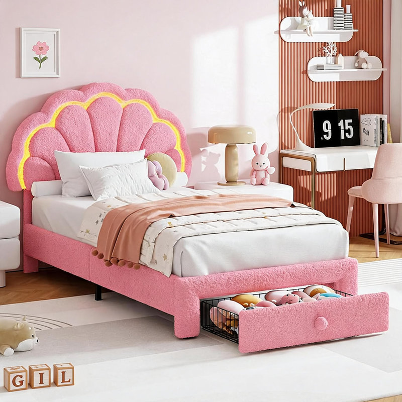 Cadre de lit simple pour enfant à DEL, revêtu de velours, 2 tiroirs de rangement, style princesse, rose, Twin, Rose