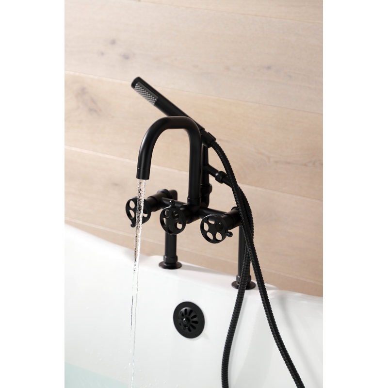 Kingston Brass Webb Three-Handle 2-Hole Deck Mount Clawfoot Tub Faucet with Knurled Handle and Hand Shower, Matte Black