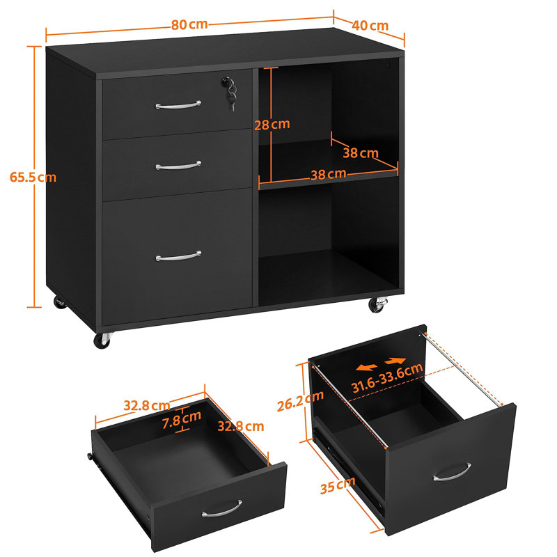 80cm Wide 3 -Drawer File Cabinet, Black