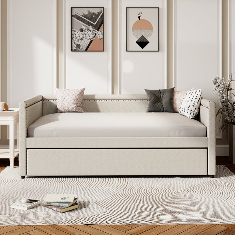 Lit de jour simple rembourré, lit gigogne moderne, chambre d'amis ou d'étude compacte, Beige