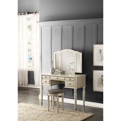 Meuble-lavabo de couleur argent - miroir pliable, tabouret rembourré, 5 tiroirs, rangement moderne en bois massif