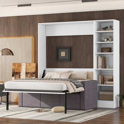 Lit escamotable double pleine grandeur avec canapé et tablettes, blanc
