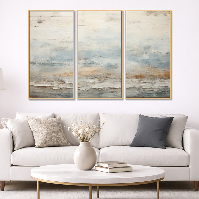 «Beige Blue Ocean Storm», ensemble d'art mural formes abstraites, Cadre flottant noir, H 40 po x l 60 po x P 1 po