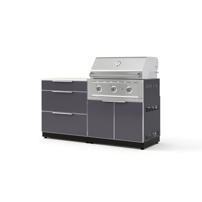 Outdoor Kitchen Aluminum Slate Gray 4 Piece Cabinet Set with 3 Drawer, Grill Cabinet, 33" Natural Gas Performance Grill and 32" Dekton White Top