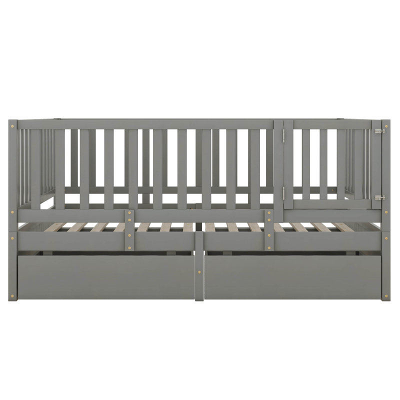 Dytrell Full Size Wood Daybed with Fence Guardrails and 2 Drawers, Gray