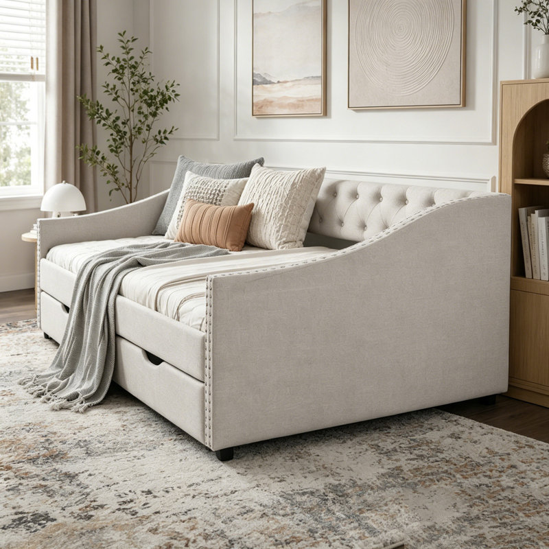 Canapé-lit rembourré capitonné, Lit double, Beige