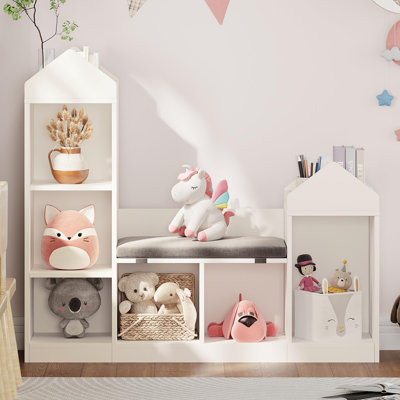 Kids Bookshelf with Reading Bench, 6-Cubby Wooden Storage Organizer with Cushion Seat, Roof Design Bookcase