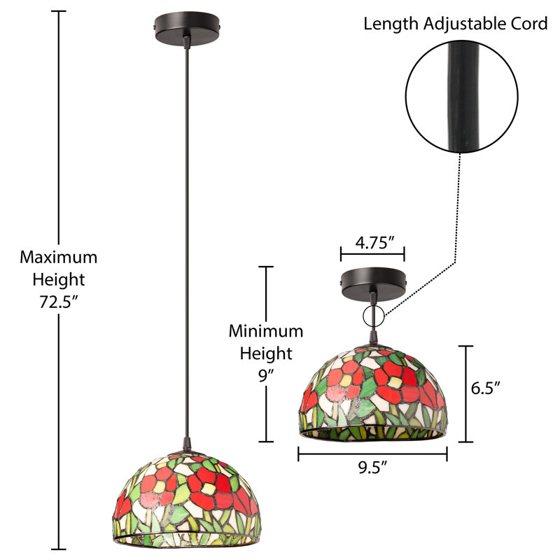 9.5"W Genevieve Red Flowers Stained Glass Dome Shade Pendant