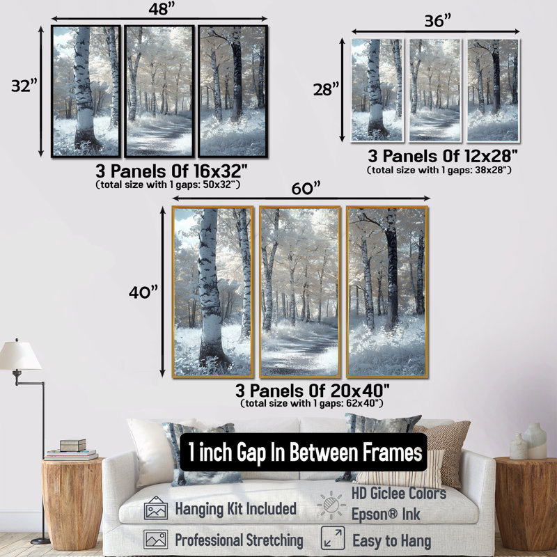 «Winter Birch Woods Forest Photo I», ensemble d'art mural paysage d'hiver, Toile encadrée flottée blanche
