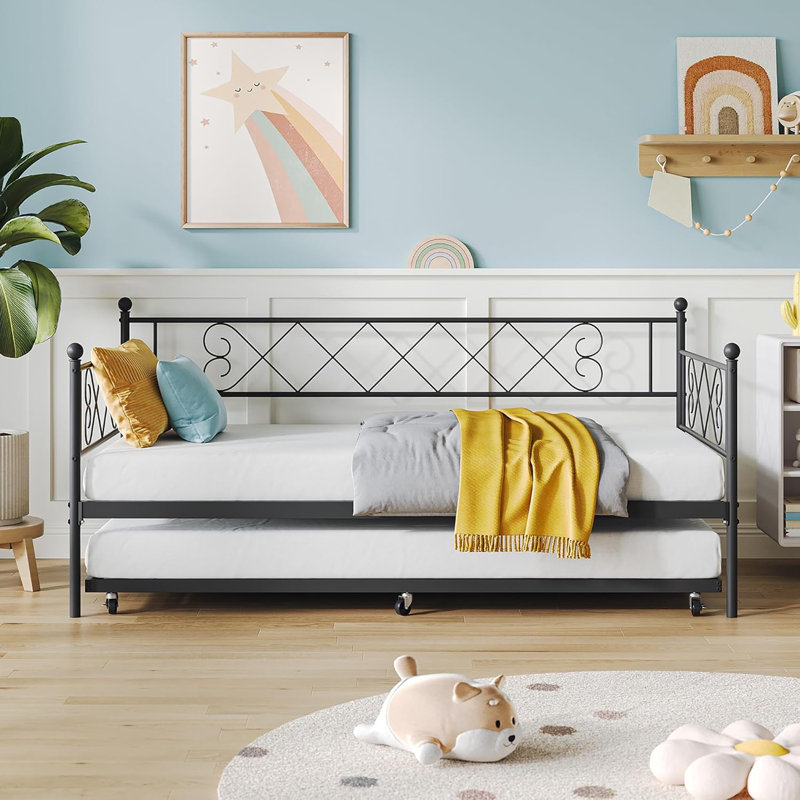 Daybed with Trundle, Trundle Bed Day Bed with Stylish Headboard Twin Daybed with 6 Casters Pullout Trundle, Black