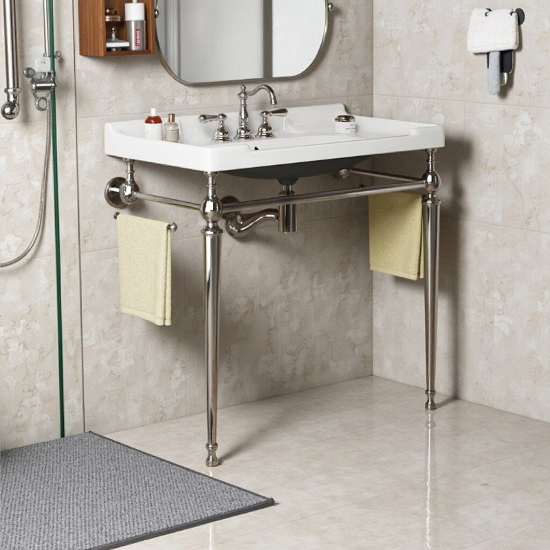 Ensemble de meuble-lavabo mural élégant avec pieds autoportants et trois trous de robinet | Bassin en céramique + barre à serviettes en acier inoxydable