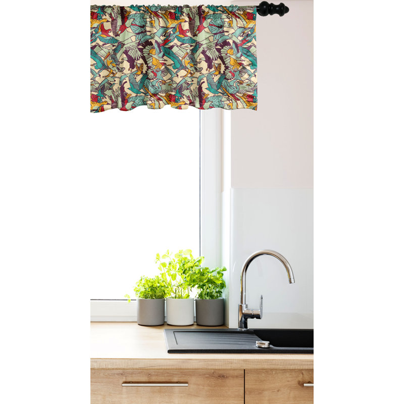 Champagne Multicolor Satin Bird Pattern Rod Pocket Valance Set
