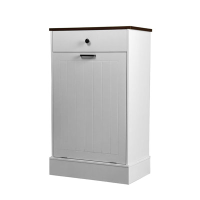 Tilt Out Trash Can Cabinet, Hidden Wooden Trash Can Cabinet with Drawer, Free Standing Garbage Cabinet for Kitchen, 10 Gallon Farmhouse Laundry Hamper Cabinet