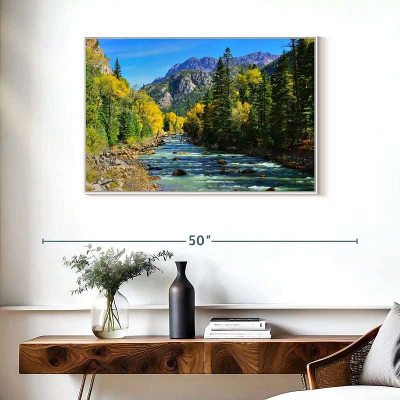 Montagne avec rivière, Cadre flottant blanc, 37 po x 25 po