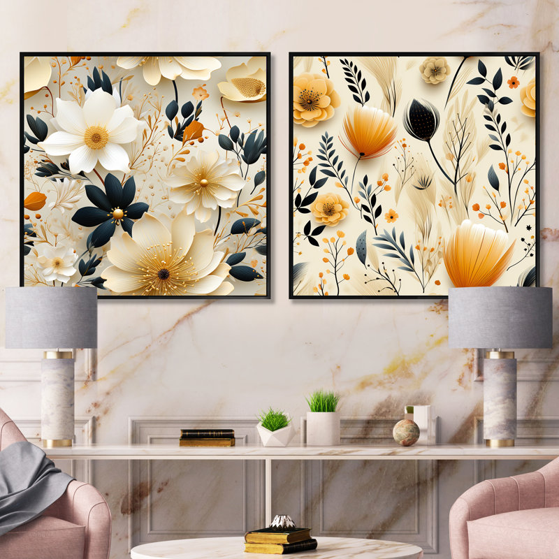 Balsamine - ensemble de 2 collages floraux carrés, Cadre flottant noir, H 16 po x l 33 po