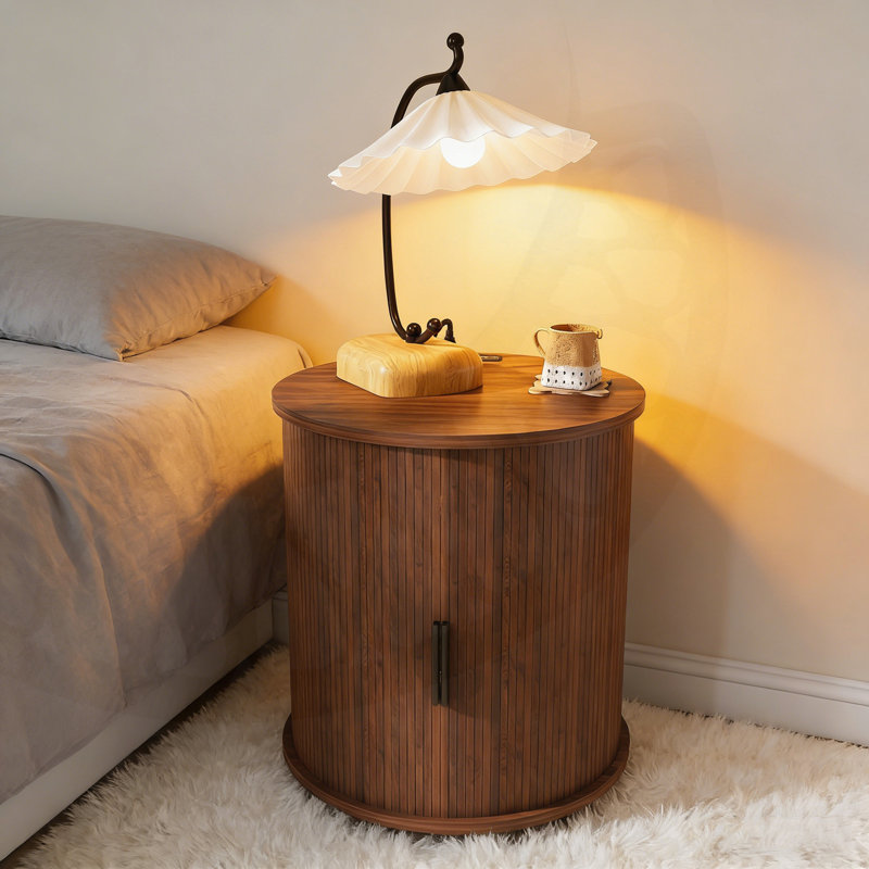 Mid Century Modern Cylinder End Table with Built-in Charging Station, Sliding Door, and Dual-Tier Storage for Bedroom or Living Room.