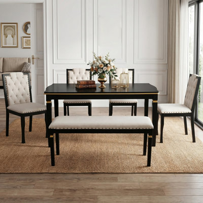 60" Dining Table Set for 6, Kitchen Table, 6-Piece Set, 4 Tufted High-Back Chairs & 1 Bench, Rubberwood Legs