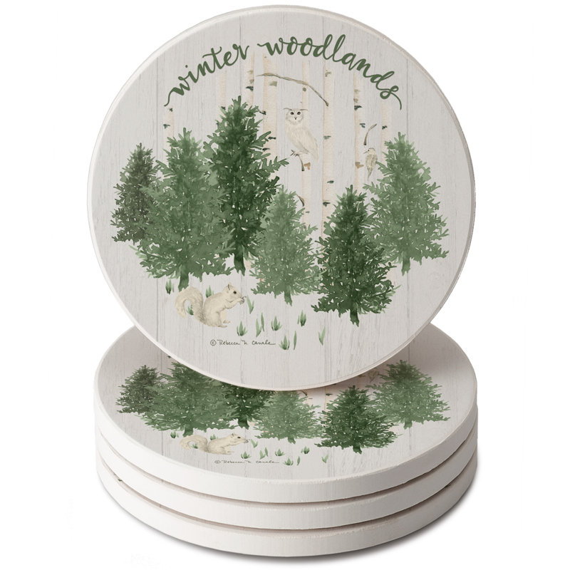 Winter Woodlands Round Absorbent Stone Coasters with Cork Backing