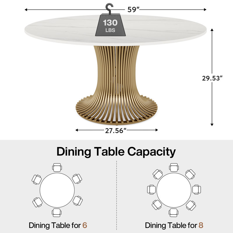 Modern 59" Sintered Stone Round Dining Table With Gold Stainless Steel Pedestal For 6 People