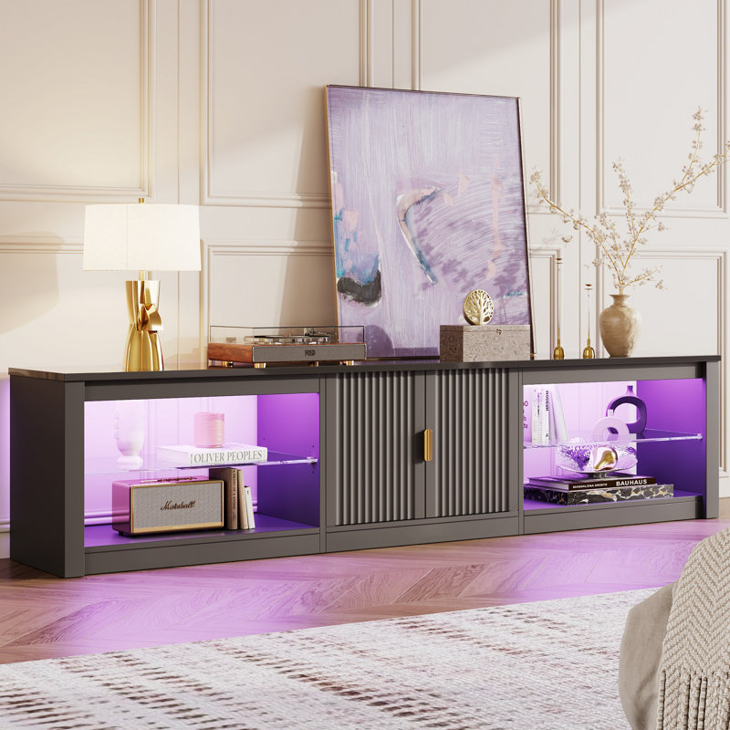 Kruszewski 80" Modern Fluted TV Stand with Adjustable Shelf, LED Media Console for 85 Inch TV, Glossy TV Console with Cabinet