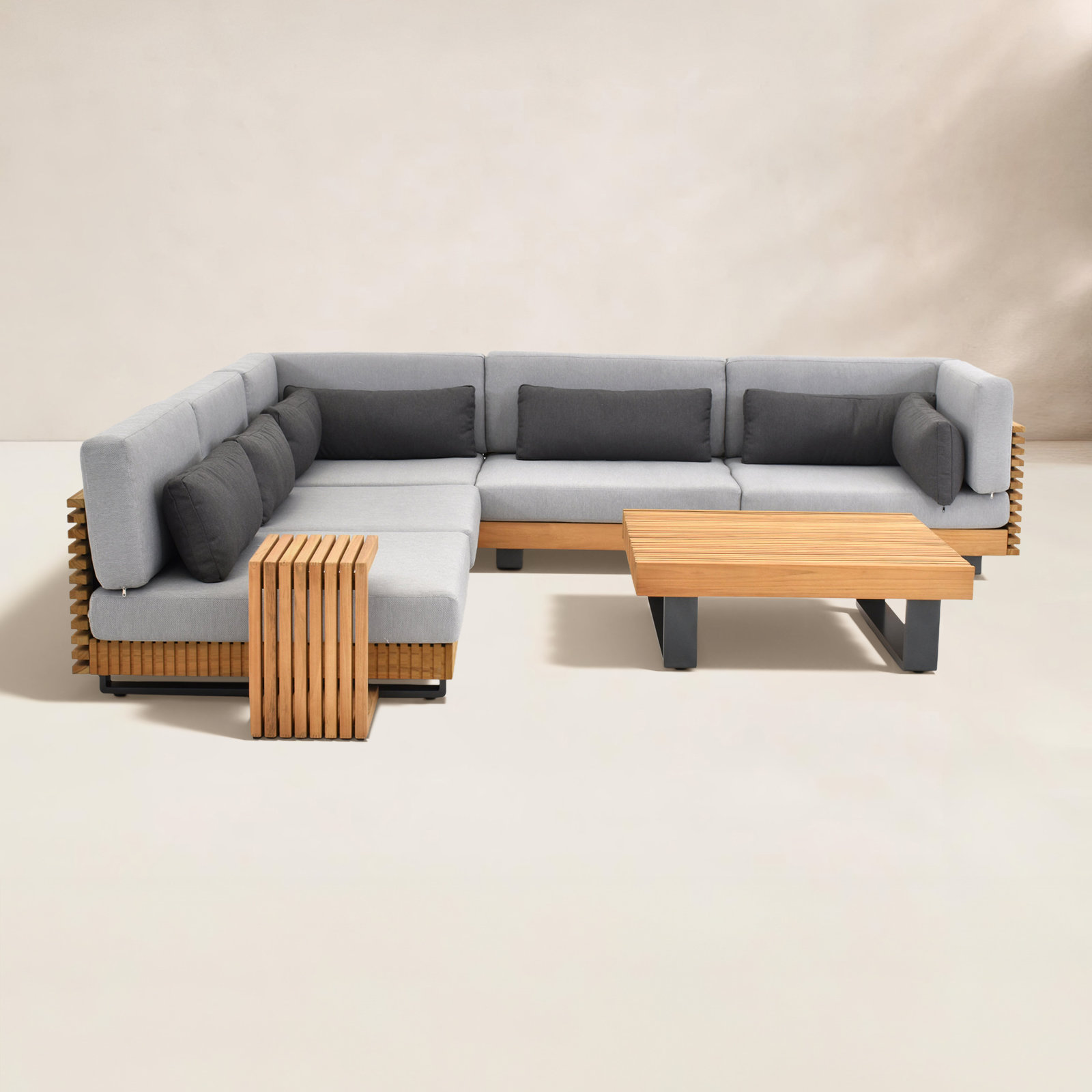 Perina 8 Piece Teak Sectional Seating Group with Cushions, 8 Pieces: 2 Tables, 6 Chairs