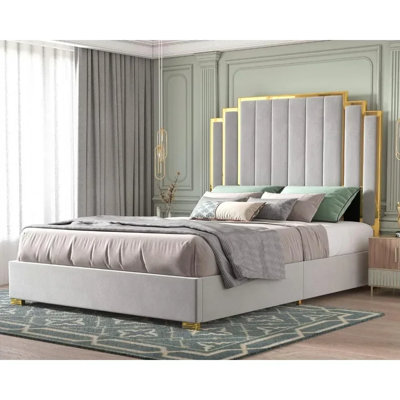 Lit plateforme élégant avec tête de lit tapissier de 61 po, gris clair