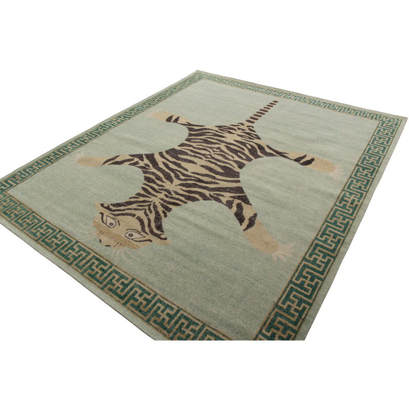 Rug & Kilim’S Classic Pictorial Tiger Rug In Green Distressed, Beige/Brown/Green, Rectangle 5' x 8'