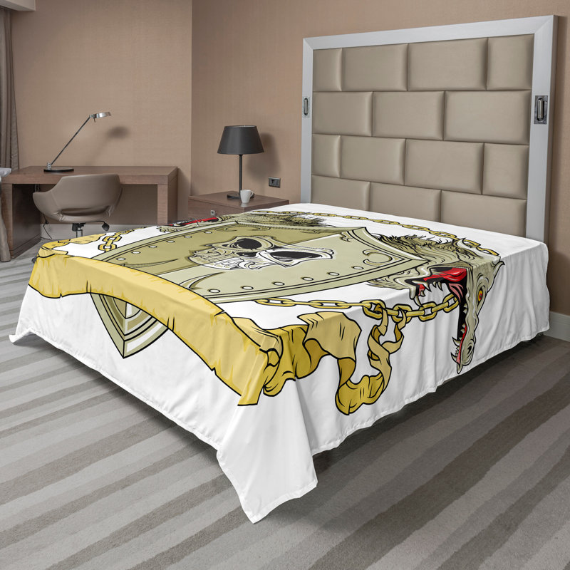 Ambesonne drap de dessus plat jaune bouclier dragon médiéval jaune blanc, Drap plat pour très grand lit californien