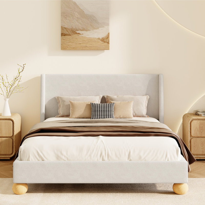 Lit plateforme tapissier moderne avec tête de lit à oreilles et pieds ronds en bois Modern Boucle, beige, très grand