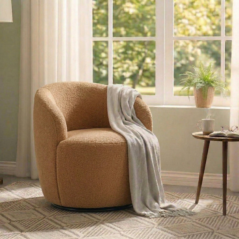 Teddy Fabric Swivel Accent Armchair Barrel Chair, Camel