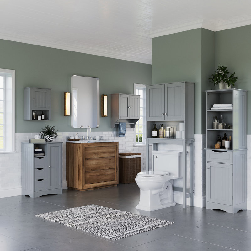 Gray MDF Freestanding Bathroom Storage Cabinet with Adjustable Shelving