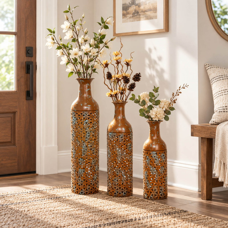Vases de plancher rustiques en métal brun avec motif de feuilles, ensemble de 3
