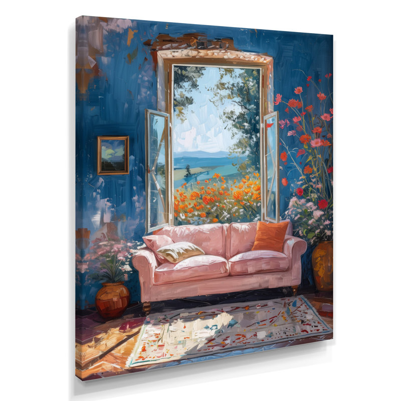 «Blue Pink Chateau Chic Window Blooms - Chateaus», reproduction d'art murale, Toile tendue, H 40 po x l 30 po x P 1,5 po