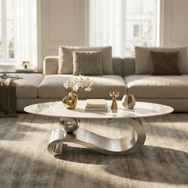 Aneia 51.2'' L Oval Coffee Table with Musical Note Base, Silver