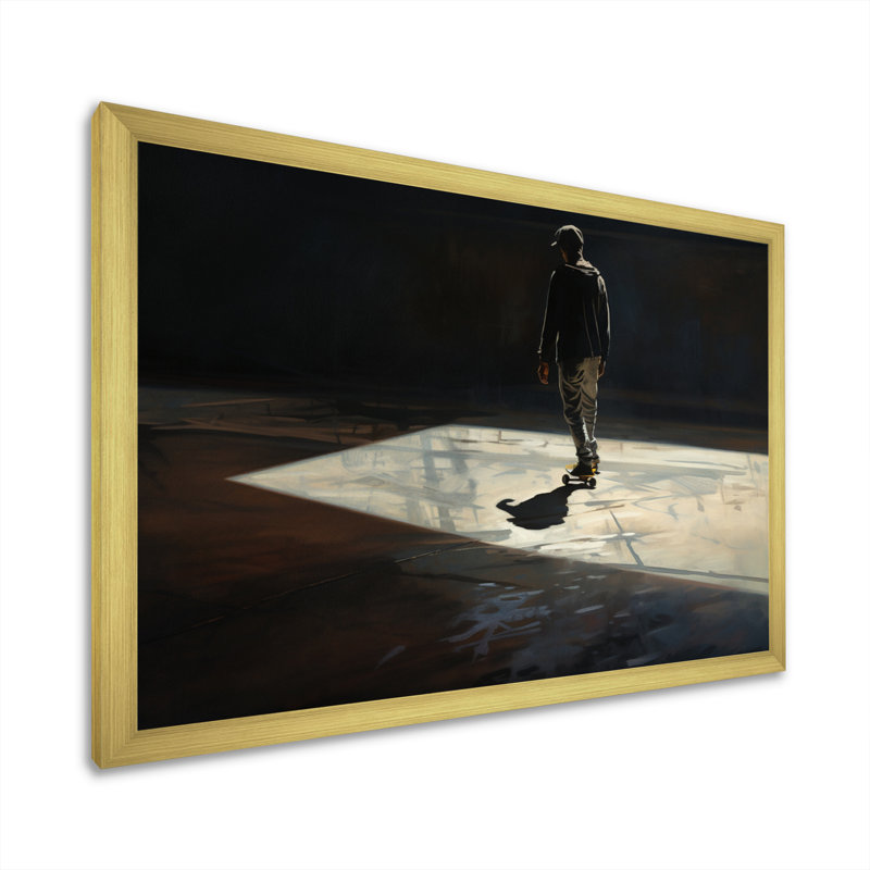 Skateboard Street Shadows - Art mural encadré de planche à roulettes, Cadre doré simple, H 24 po x l 32 po x P 1 po