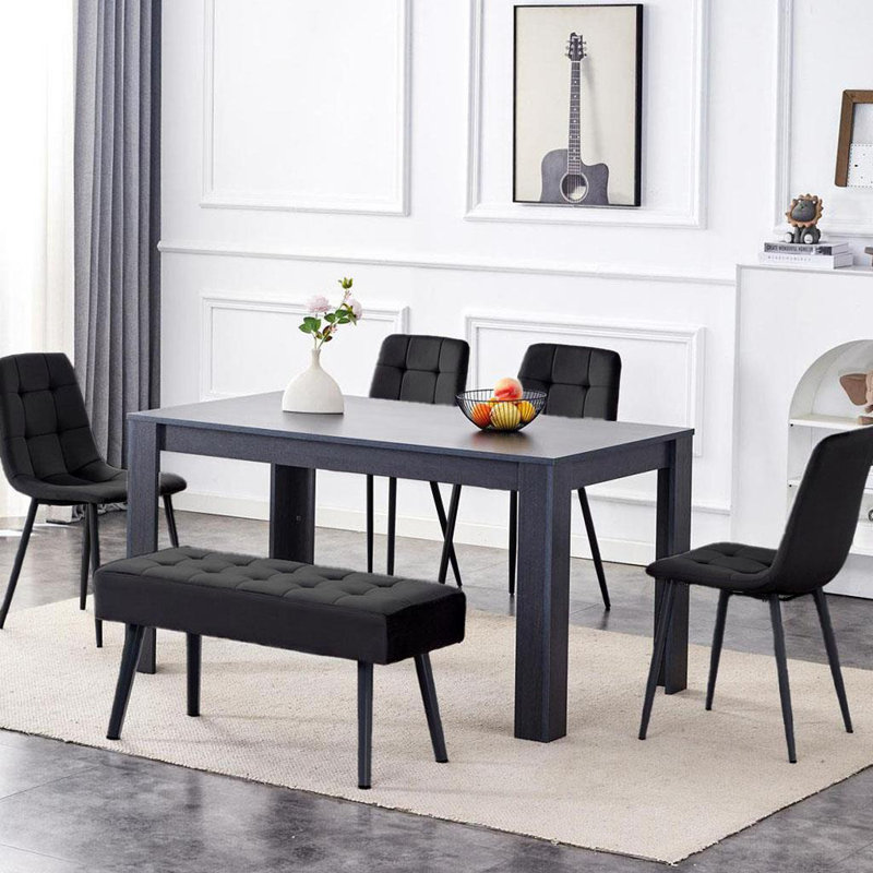 Dining Table and 4 Velvet Chairs With 1 Bench Dining Set Furniture, Black, Charcoal, 75cm H x 140cm L x 80cm W