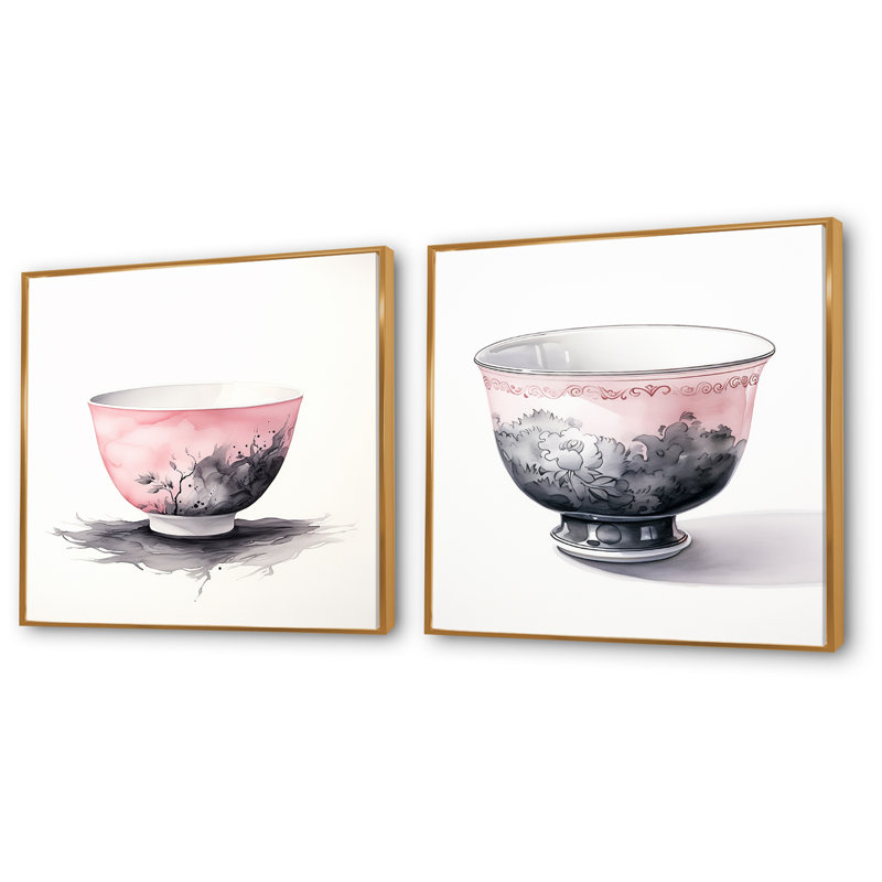 Tasse à thé rose rose «Delight I», ensemble de 2 reproductions d'art mural chinois, Toile tendue, H 16 po x l 33 po x P 1 po