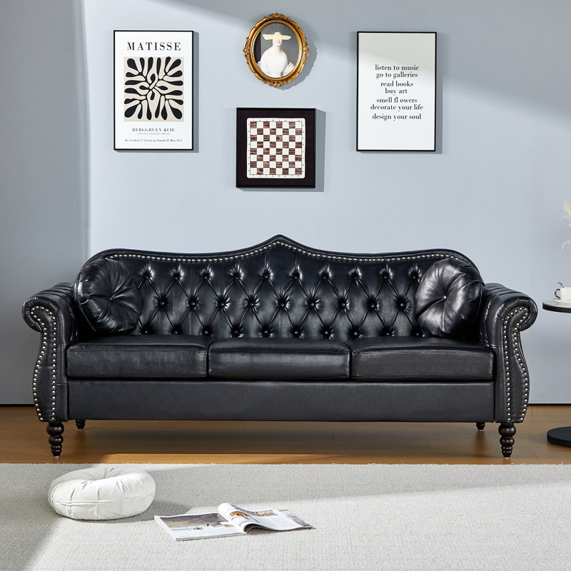Bilbil 82.67'' Faux Leather Sofa With 2 Toss Pillows, Black Faux Leather