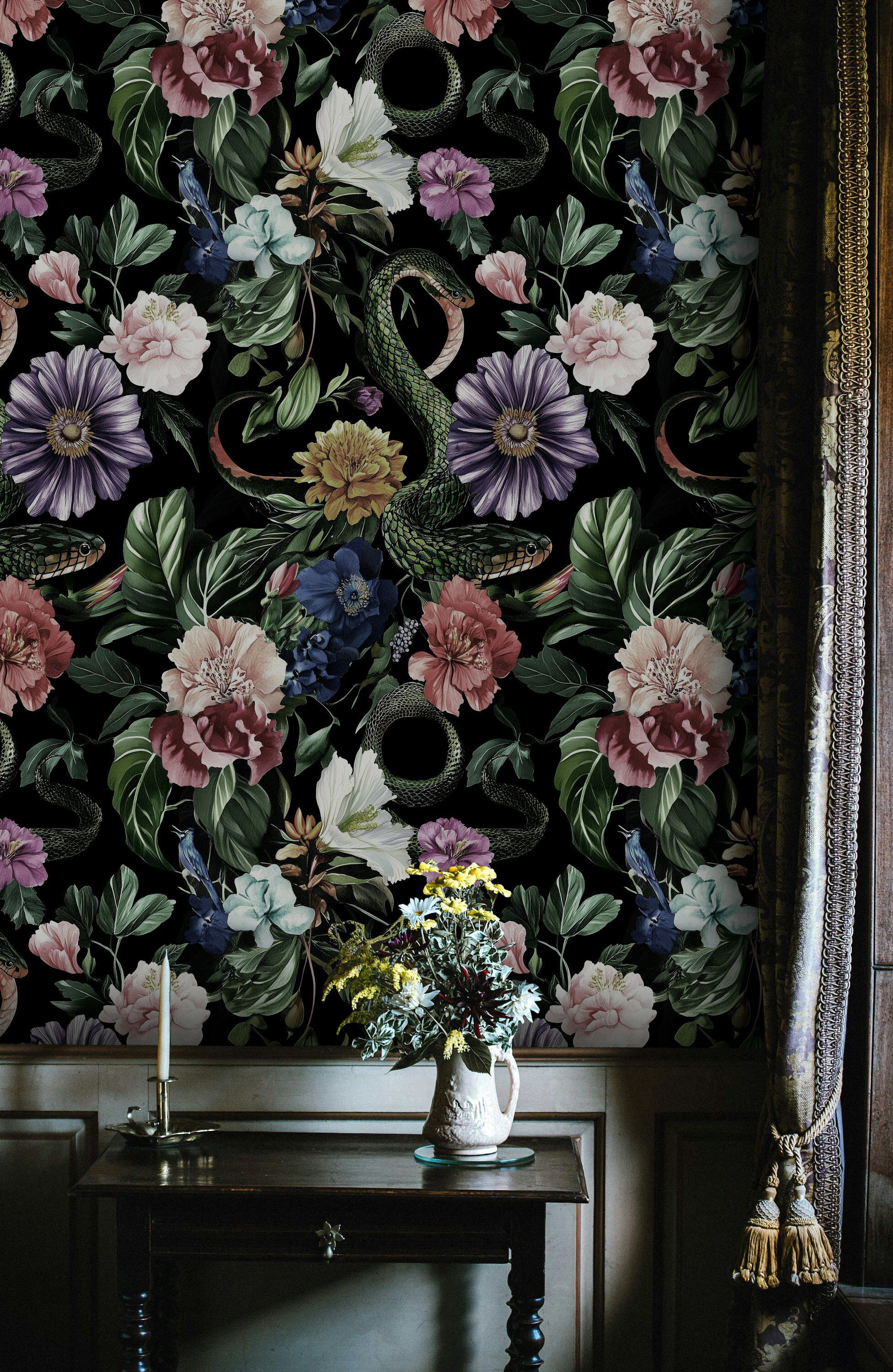 Dark Botanical Snake and Flower Wallpaper Gothic Floral Wall Mural Peel and Stick Roll