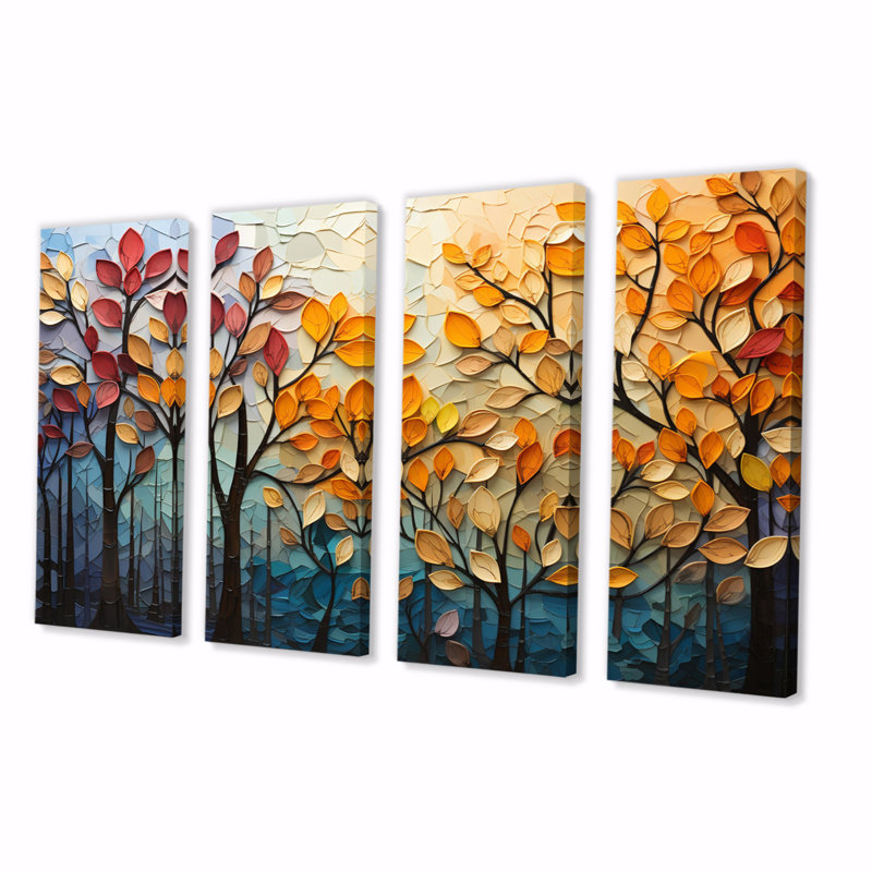 " Leaves Autumnal Symphony Patchwork I " 4 Piece Art Mixed Media Print