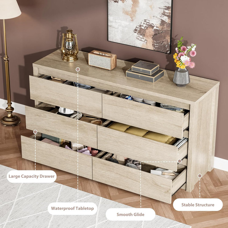 Rustic Farmhouse 6 Dresser for Bedroom, Wooden Drawer Dresser, Handle-Free Storage Cabinet with Drawers, Yellow