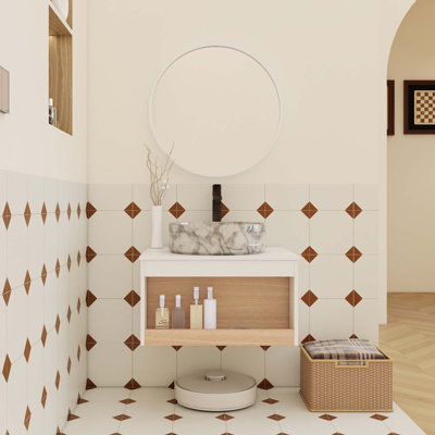 Meuble-lavabo flottant peu encombrant avec lavabo vasque en marbre et tablette ouverte
