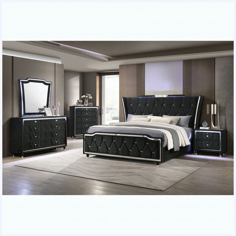 Ensemble de chambre avec grand lit noir 5 pièces, 5 Pcs: Bed, Nightstand, 2 Dressers, Mirror, Queen