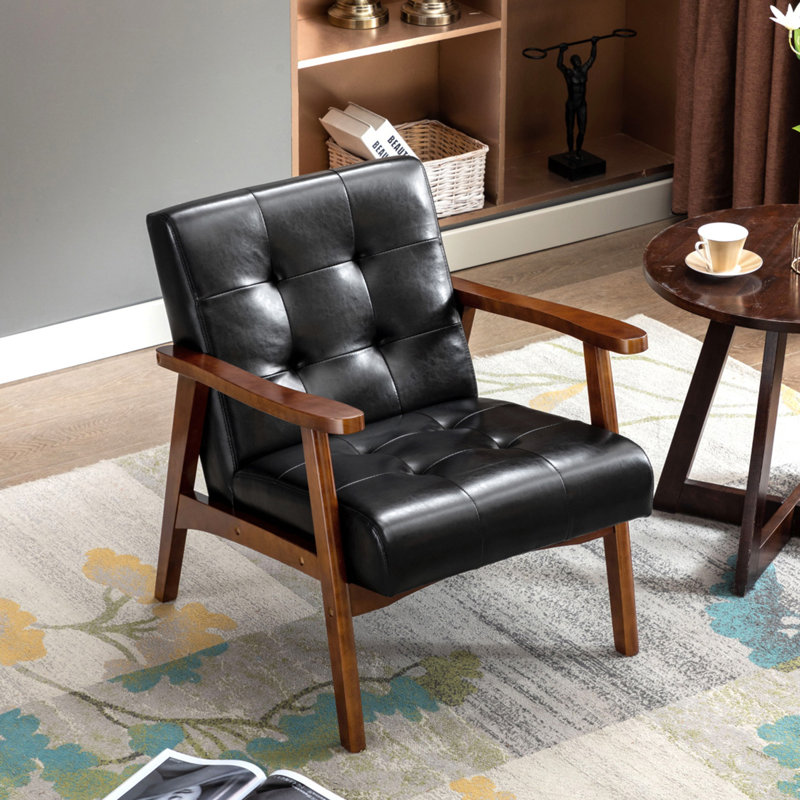 Havva 21.65'' Wide Tufted Artificial Leather Mid-Century Modern Armchair, Black