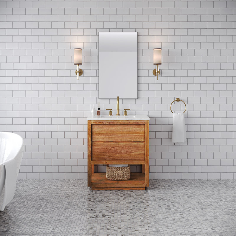 Tessa 30 po Meuble-lavabo de comptoir en bois de manguier et marbre blanc avec robinet en or satiné